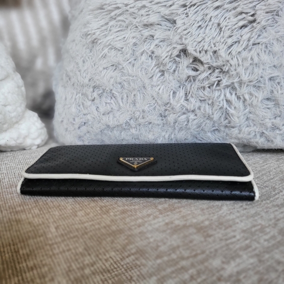 Prada Black/White Perforated Saffiano Leather Flap Continental Wallet - Picture 5 of 12